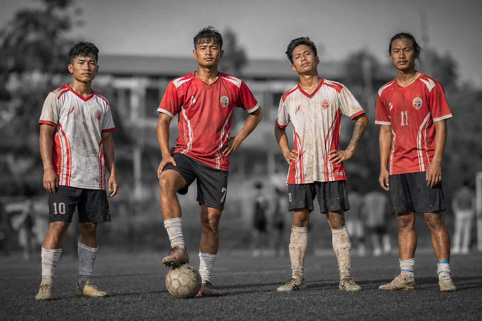 Four Northeast footballers standing together after a match.