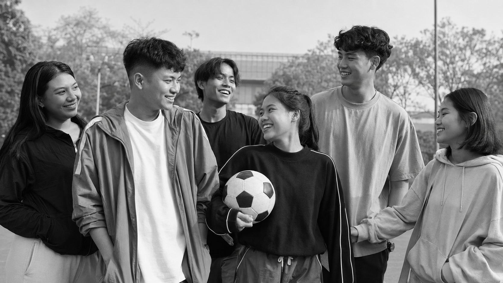 Young Northeast supporters standing together beside a football pitch.