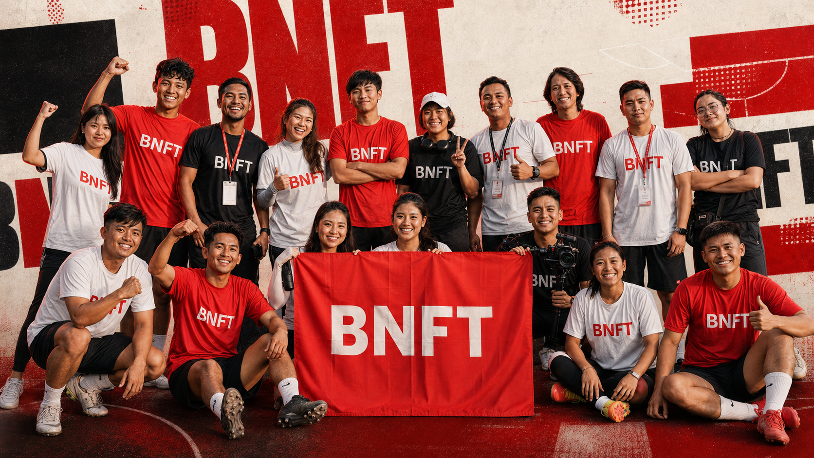 BNFT supporters and community members together behind a red BNFT banner