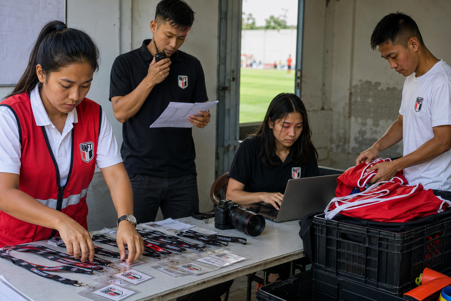 Young BNFT crew members managing accreditation, match operations, media and equipment behind the scenes.